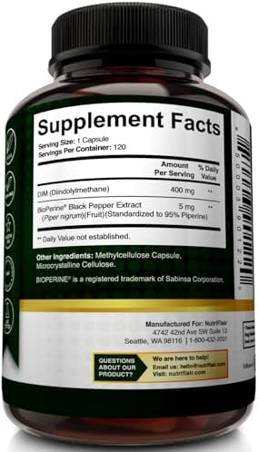 NutriFlair DIM 400mg con BioPerine, 120 Cápsulas - Suplemento de Diindolilmetano de Alta Potencia - Para Hombres y Mujeres - Vegano, No GMO - - imagen 7