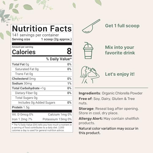 Chlorella Orgánica en Polvo, 10 Onzas, Pared Celular Rota, Rica en Proteínas y Vitaminas Veganas, Suplemento Premium Crudo, Amigable con Veganos - imagen 2