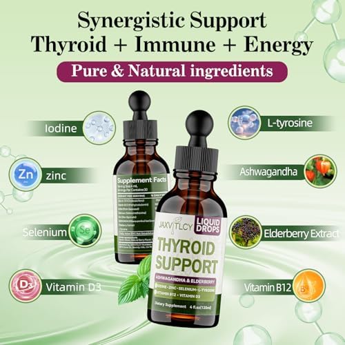 JAXVITLCY Gotas de Soporte para Tiroides con Yodo, Selenio, Zinc y L-Tirosina - Suplemento Líquido de Metabolismo y Energía con Ashwagandha y Saúco - - imagen 2