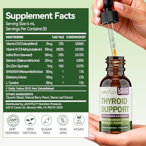 JAXVITLCY Gotas de Soporte para Tiroides con Yodo, Selenio, Zinc y L-Tirosina - Suplemento Líquido de Metabolismo y Energía con Ashwagandha y Saúco - - imagen 5