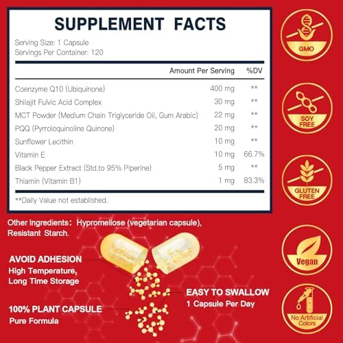 Suplementos de Coenzima Q10 DRFOSTER 400mg de Alta Absorción con PQQ, Shilajit y Vitamina E, Antioxidante Potente para la Salud del Corazón y el - imagen 2