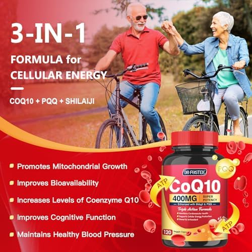 Suplementos de Coenzima Q10 DRFOSTER 400mg de Alta Absorción con PQQ, Shilajit y Vitamina E, Antioxidante Potente para la Salud del Corazón y el - imagen 3