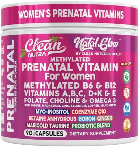 Vitamínico Prenatal Methylated Natal Glow para Mujeres - Omega 3, Folato, Vitaminas A, B12, C, D3, E, K2, Hierro, Biotina, Calcio y más de Clean Nutra - imagen 1
