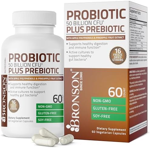 Bronson Probiótico 50 Mil Millones CFU + Prebiótico con Polifenoles de Manzana y Extracto de Piña para Hombres y Mujeres, 60 Cápsulas Vegetarianas No - imagen 1