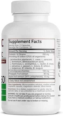 Bronson Probiótico 50 Mil Millones CFU + Prebiótico con Polifenoles de Manzana y Extracto de Piña para Hombres y Mujeres, 60 Cápsulas Vegetarianas No - imagen 2