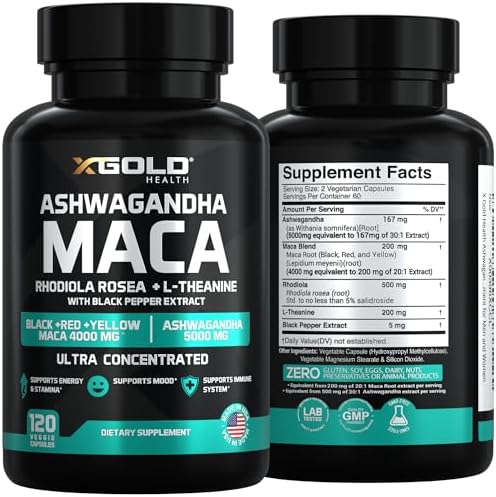 Cápsulas de Ashwagandha 5,000mg + Raíz de Maca (Negra, Roja, Amarilla) 4,000mg, Rhodiola y L-Theanina - Suplemento para Hombres y Mujeres - imagen 2