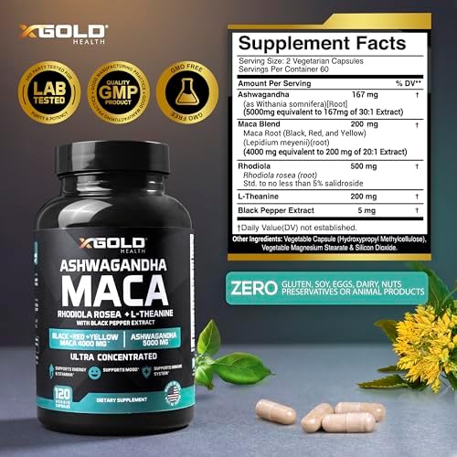 Cápsulas de Ashwagandha 5,000mg + Raíz de Maca (Negra, Roja, Amarilla) 4,000mg, Rhodiola y L-Theanina - Suplemento para Hombres y Mujeres - imagen 3