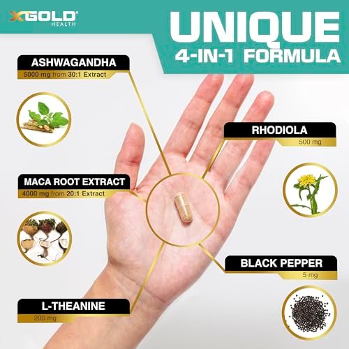 Cápsulas de Ashwagandha 5,000mg + Raíz de Maca (Negra, Roja, Amarilla) 4,000mg, Rhodiola y L-Theanina - Suplemento para Hombres y Mujeres - imagen 5