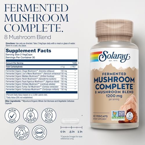 SOLARAY Suplemento de Hongos Fermentados - Chaga, Reishi, Shiitake, Cordyceps, Cola de Pavo y Melena de León - 60 VegCaps, 30 Porciones, Orgánico y - imagen 3