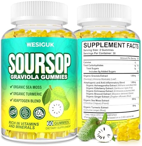 Gomitas de Graviola Soursop, Extracto de Hojas de Graviola de Máxima Potencia con Musgo Marino y Cúrcuma, 60 Gomitas Veganas Sin Azúcar ni Gluten - imagen 1