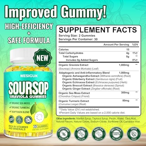 Gomitas de Graviola Soursop, Extracto de Hojas de Graviola de Máxima Potencia con Musgo Marino y Cúrcuma, 60 Gomitas Veganas Sin Azúcar ni Gluten - imagen 2