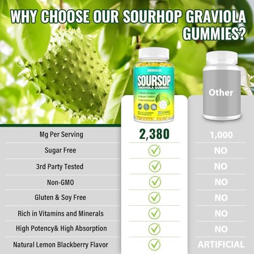 Gomitas de Graviola Soursop, Extracto de Hojas de Graviola de Máxima Potencia con Musgo Marino y Cúrcuma, 60 Gomitas Veganas Sin Azúcar ni Gluten - imagen 5