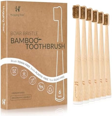 Cepillo de Dientes de Bambú con Cerda de Jabalí Hugging Tree, Sin Plástico (Paquete de 6) - imagen 1