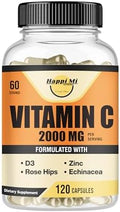 Happi Mi Nutrition Vitamina C 2000mg por Porción con Zinc 40mg y Vitamina D3 5000 IU – Extracto de Equinácea y Rosa Mosqueta – 120 Cápsulas Veganas, - imagen 1