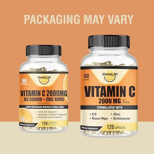Happi Mi Nutrition Vitamina C 2000mg por Porción con Zinc 40mg y Vitamina D3 5000 IU – Extracto de Equinácea y Rosa Mosqueta – 120 Cápsulas Veganas, - imagen 2
