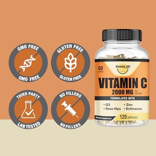 Happi Mi Nutrition Vitamina C 2000mg por Porción con Zinc 40mg y Vitamina D3 5000 IU – Extracto de Equinácea y Rosa Mosqueta – 120 Cápsulas Veganas, - imagen 7