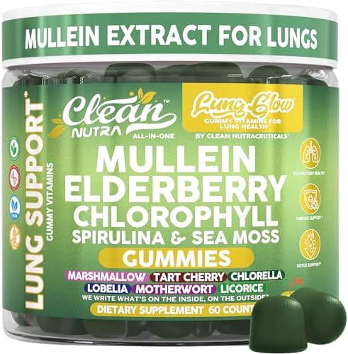 Gomitas Clean Nutra Mullein para la Salud Pulmonar con Elderberry, Clorofila, Espirulina, Cereza Ácida, Musgo Marino, Vitamina C, Luteína y Raíz de - imagen 1