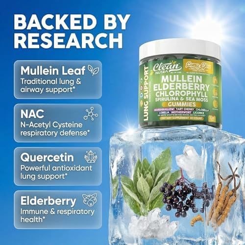 Gomitas Clean Nutra Mullein para la Salud Pulmonar con Elderberry, Clorofila, Espirulina, Cereza Ácida, Musgo Marino, Vitamina C, Luteína y Raíz de - imagen 3