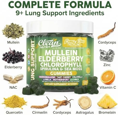 Gomitas Clean Nutra Mullein para la Salud Pulmonar con Elderberry, Clorofila, Espirulina, Cereza Ácida, Musgo Marino, Vitamina C, Luteína y Raíz de - imagen 4