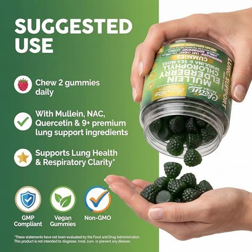 Gomitas Clean Nutra Mullein para la Salud Pulmonar con Elderberry, Clorofila, Espirulina, Cereza Ácida, Musgo Marino, Vitamina C, Luteína y Raíz de - imagen 6