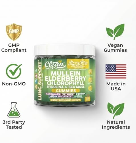 Gomitas Clean Nutra Mullein para la Salud Pulmonar con Elderberry, Clorofila, Espirulina, Cereza Ácida, Musgo Marino, Vitamina C, Luteína y Raíz de - imagen 8