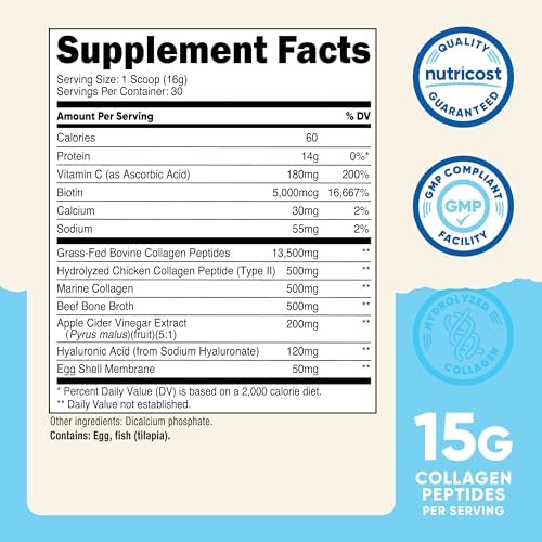 Nutricost Complejo de Proteína Multi Colágeno (Sin Sabor, 30 Porciones) - Suplemento con Biotina, Ácido Hialurónico y Péptidos de Colágeno - imagen 2