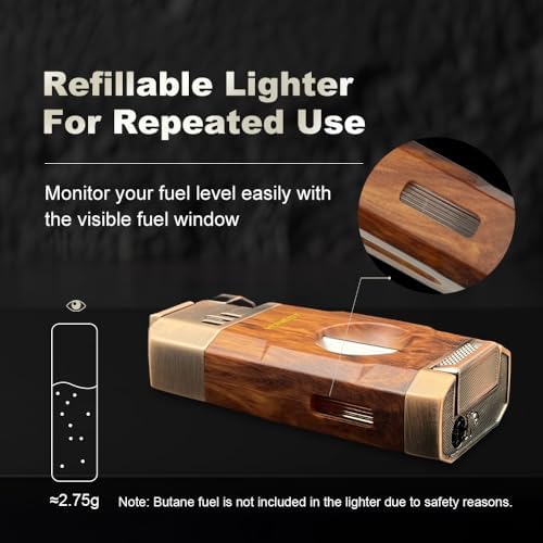 Encendedor Outdoor Todo en Uno a Prueba de Viento con Doble Llama Jet, Cortador Integrado, Recargable con Butano, Tanque de Gas Visible, Portátil - imagen 6