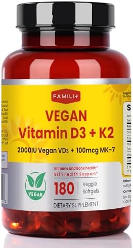 FAMILI+ Suplemento Vegano de Vitamina D3+K2 en Softgel con Aceite MCT de Coco | 2000UI de Vitamina D3 de Origen Vegetal + 100 mcg de Vitamina K2 MK-7 - imagen 1