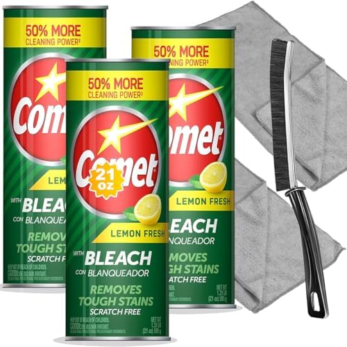 Paquete de Limpieza: Limpiador en Polvo Comet Limón Fresco con Blanqueador, 21 oz, 3 Piezas + 2 Paños de Microfibra + 1 Cepillo Estrecho - imagen 1