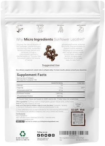 Lecitina de Girasol Micro Ingredients 1,600mg por Porción, 300 Cápsulas Blandas | Fuente Sostenible, Prensado en Frío, Rica en Fosfatidilcolina | Sin - imagen 2