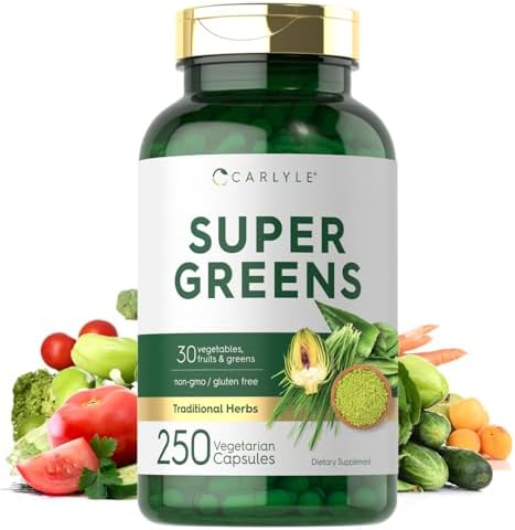 Cápsulas Carlyle Super Greens | 250 Contenido | Mezcla de 13 Verduras y Verduras Más 17 Frutas | Suplemento Sin OGM y Sin Gluten - imagen 1