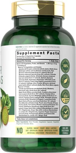 Cápsulas Carlyle Super Greens | 250 Contenido | Mezcla de 13 Verduras y Verduras Más 17 Frutas | Suplemento Sin OGM y Sin Gluten - imagen 2