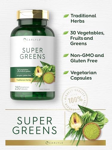 Cápsulas Carlyle Super Greens | 250 Contenido | Mezcla de 13 Verduras y Verduras Más 17 Frutas | Suplemento Sin OGM y Sin Gluten - imagen 4