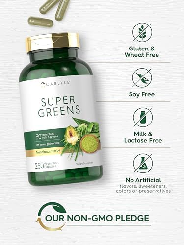 Cápsulas Carlyle Super Greens | 250 Contenido | Mezcla de 13 Verduras y Verduras Más 17 Frutas | Suplemento Sin OGM y Sin Gluten - imagen 5