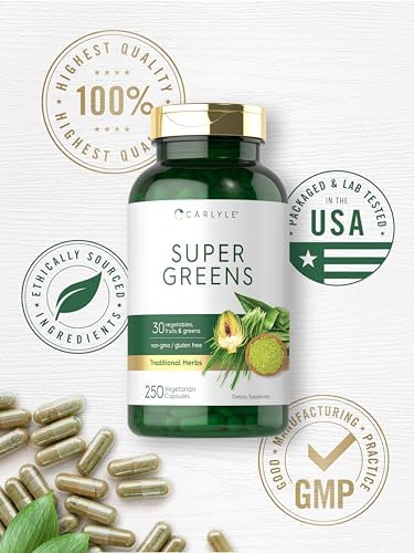 Cápsulas Carlyle Super Greens | 250 Contenido | Mezcla de 13 Verduras y Verduras Más 17 Frutas | Suplemento Sin OGM y Sin Gluten - imagen 6