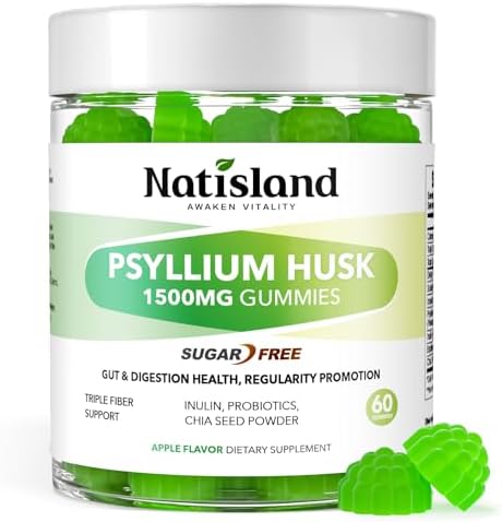 Gomitas de Psyllium NATISLAND, 1500mg de fibra con probióticos, inulina y chía para la salud digestiva, veganas y sin azúcar, 60 piezas - imagen 1