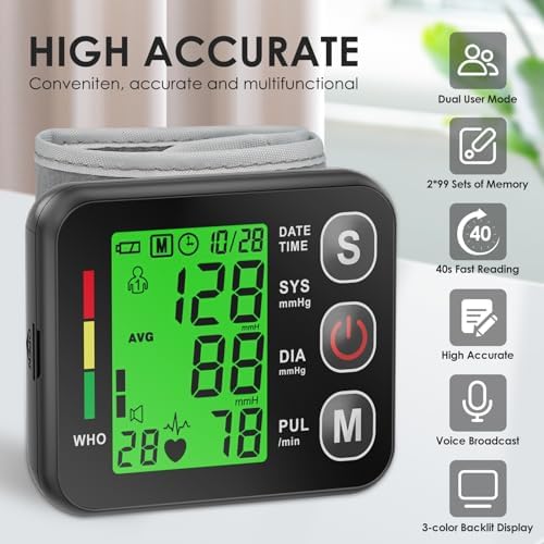 Monitor de Presión Arterial de Muñeca - Automático, Manguito de 13.5-19.5 cm, Alta Precisión, Pantalla LCD Retroiluminada - 2 * 99 Conjuntos de - imagen 3