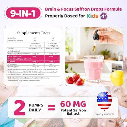 Gotas de Azafrán Liposomal para Niños – Extracto Orgánico de Azafrán con Albahaca Sagrada, Pasión y L-Teanina para Enfoque y Energía, Suplemento - imagen 2