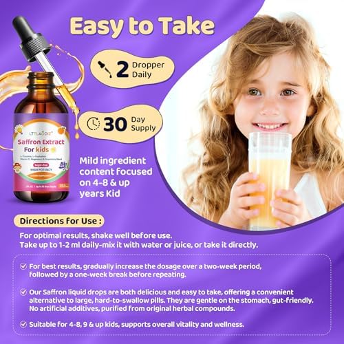 Gotas de Azafrán Liposomal para Niños – Extracto Orgánico de Azafrán con Albahaca Sagrada, Pasión y L-Teanina para Enfoque y Energía, Suplemento - imagen 3
