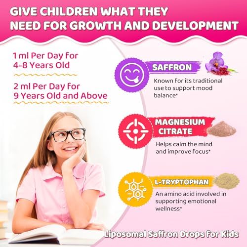 Gotas de Azafrán Liposomal para Niños – Extracto Orgánico de Azafrán con Albahaca Sagrada, Pasión y L-Teanina para Enfoque y Energía, Suplemento - imagen 5