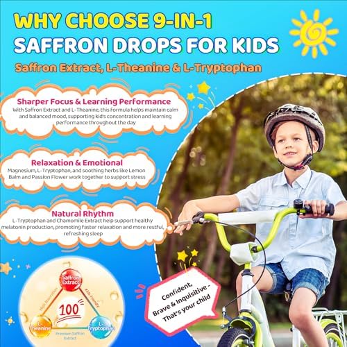 Gotas de Azafrán Liposomal para Niños – Extracto Orgánico de Azafrán con Albahaca Sagrada, Pasión y L-Teanina para Enfoque y Energía, Suplemento - imagen 6