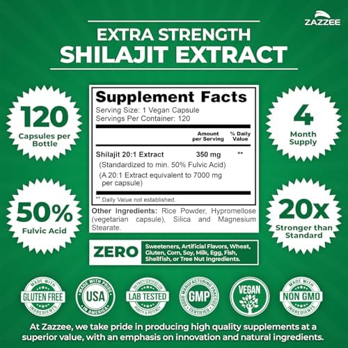 Zazzee Shilajit 100% Puro de Himalaya 20:1, 50% Ácido Fulvico, 120 Cápsulas Veganas, Suministro de 4 Meses, Energía y Vitalidad, No GMO, Hecho en EE. - imagen 2