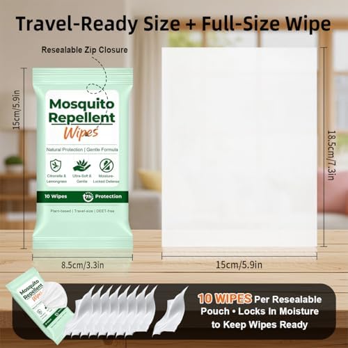 Toallitas Repelentes de Mosquitos, 40 Piezas, con Citronela Natural, Sin DEET, Tamaño Viaje, Paquetes Re sellables de 10 Toallitas para Camping, - imagen 4