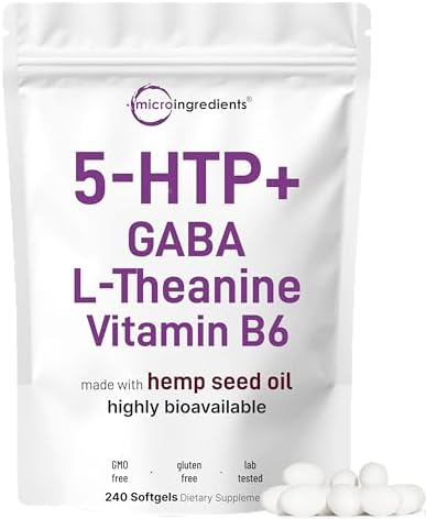 Micro Ingredients 5-HTP 200mg, 240 Cápsulas Blandas | Complejo Extra Fuerte de 5-Hidroxitriptófano con GABA, L-Teanina y Vitamina B6 | Alta - imagen 1