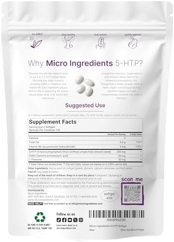 Micro Ingredients 5-HTP 200mg, 240 Cápsulas Blandas | Complejo Extra Fuerte de 5-Hidroxitriptófano con GABA, L-Teanina y Vitamina B6 | Alta - imagen 2