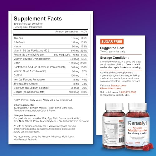 Renadyl Multivitamínico Avanzado en Gummy para la Salud Renal | Niveles Óptimos de Vitaminas y Minerales | 60 Gomas Masticables Sabor Berry | Hecho - imagen 2