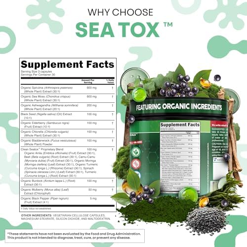 Cápsulas Veganas de Spirulina y Clorela Orgánicas Sea Tox - Limpieza Natural y Nutrición con Musgo Marino, Algas, Clorofila y Más - 90 Cápsulas de - imagen 5