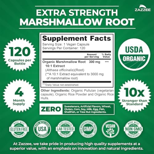 Zazzee Extracto de Raíz de Malvavisco Orgánico USDA 10:1, 120 Cápsulas Veganas, Suministro para 4 Meses, Soporte Digestivo y de Garganta, Natural y - imagen 3