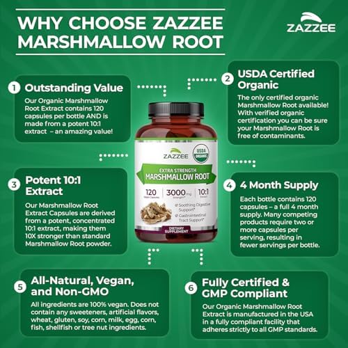 Zazzee Extracto de Raíz de Malvavisco Orgánico USDA 10:1, 120 Cápsulas Veganas, Suministro para 4 Meses, Soporte Digestivo y de Garganta, Natural y - imagen 8