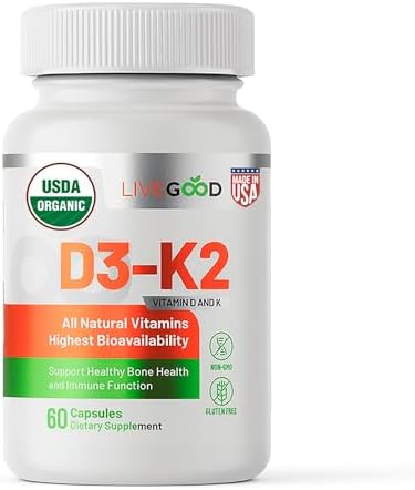 Suplemento Orgánico LIVEGOOD D3 K2 2000 IU, Cápsulas Veganas con MK-7, Vitamina D3 Pura con K2 para Soporte Inmunológico y Óseo, Hecho en EE. UU. (60 - imagen 1